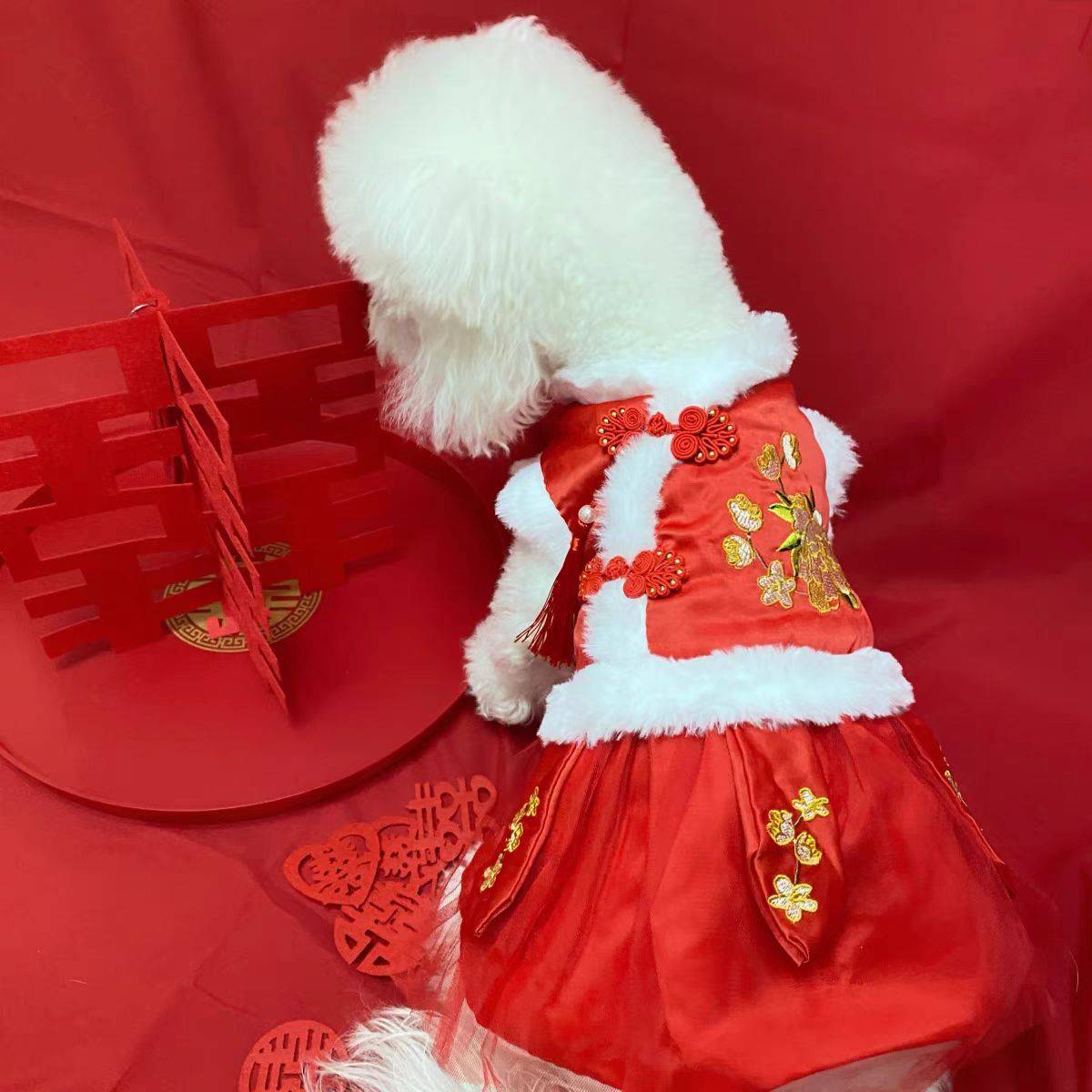 Hooded Tang Suit Winter Warm Pet Clothes for Dogs and Cats Red Tassel Tang Suit XS Bust 30 Recommended 0.5-1.0kg