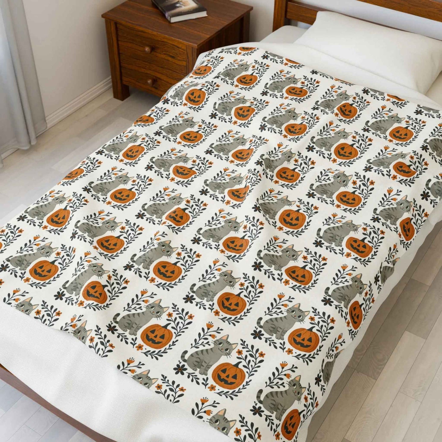 Velveteen Plush Halloween Cat and Pumpkin Blanket