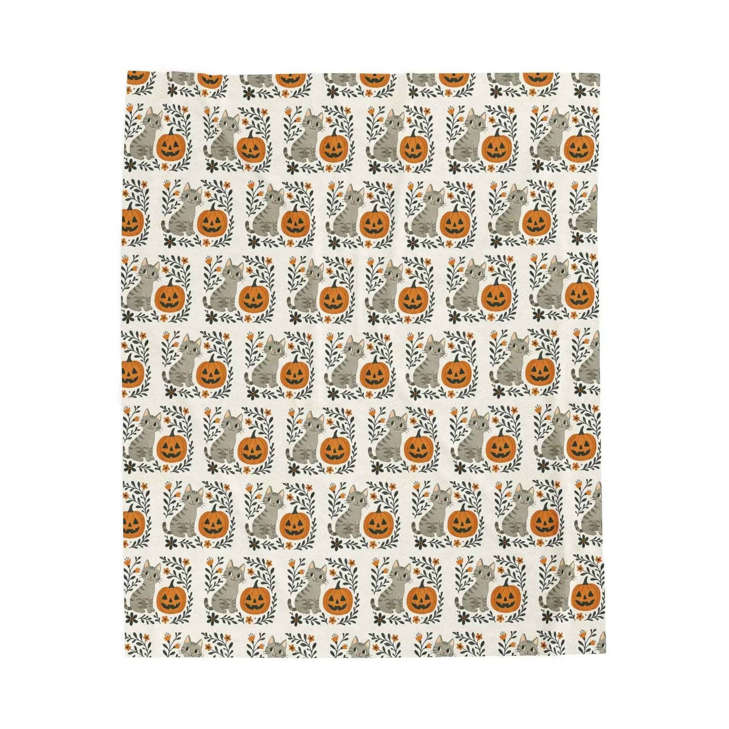 Velveteen Plush Halloween Cat and Pumpkin Blanket 50" × 60"