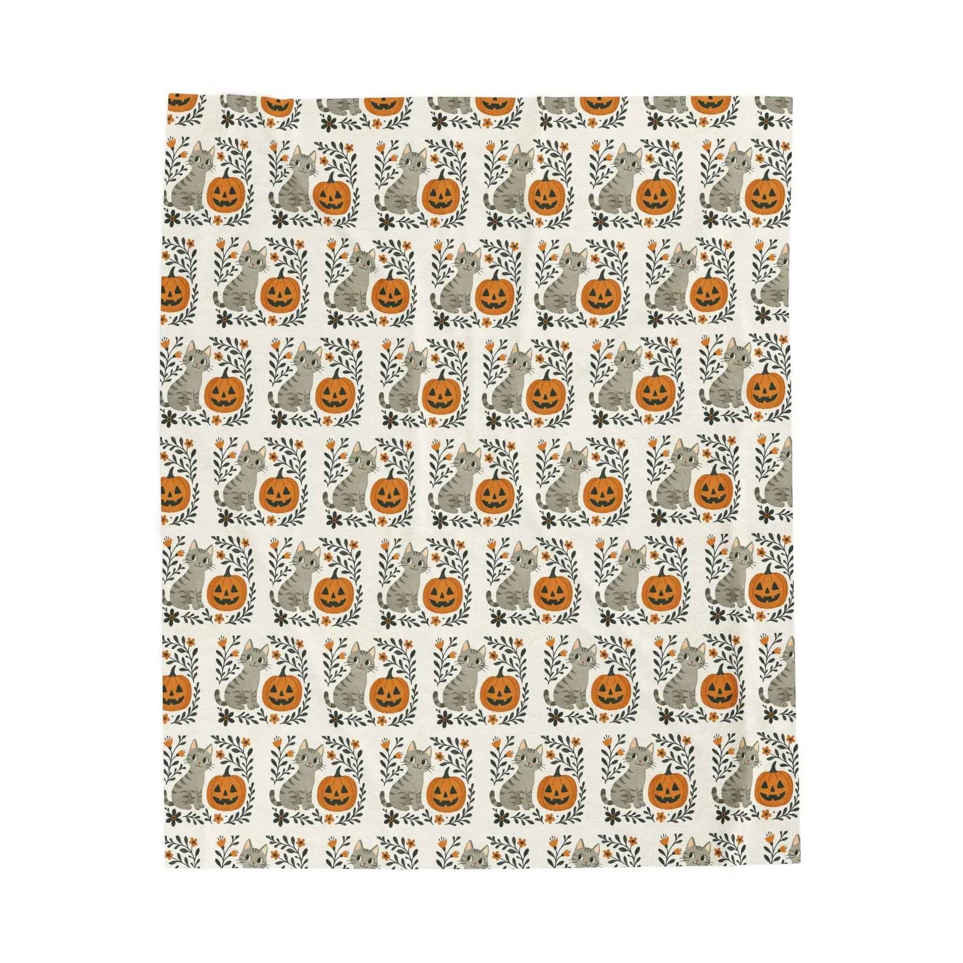Velveteen Plush Halloween Cat and Pumpkin Blanket 50" × 60"
