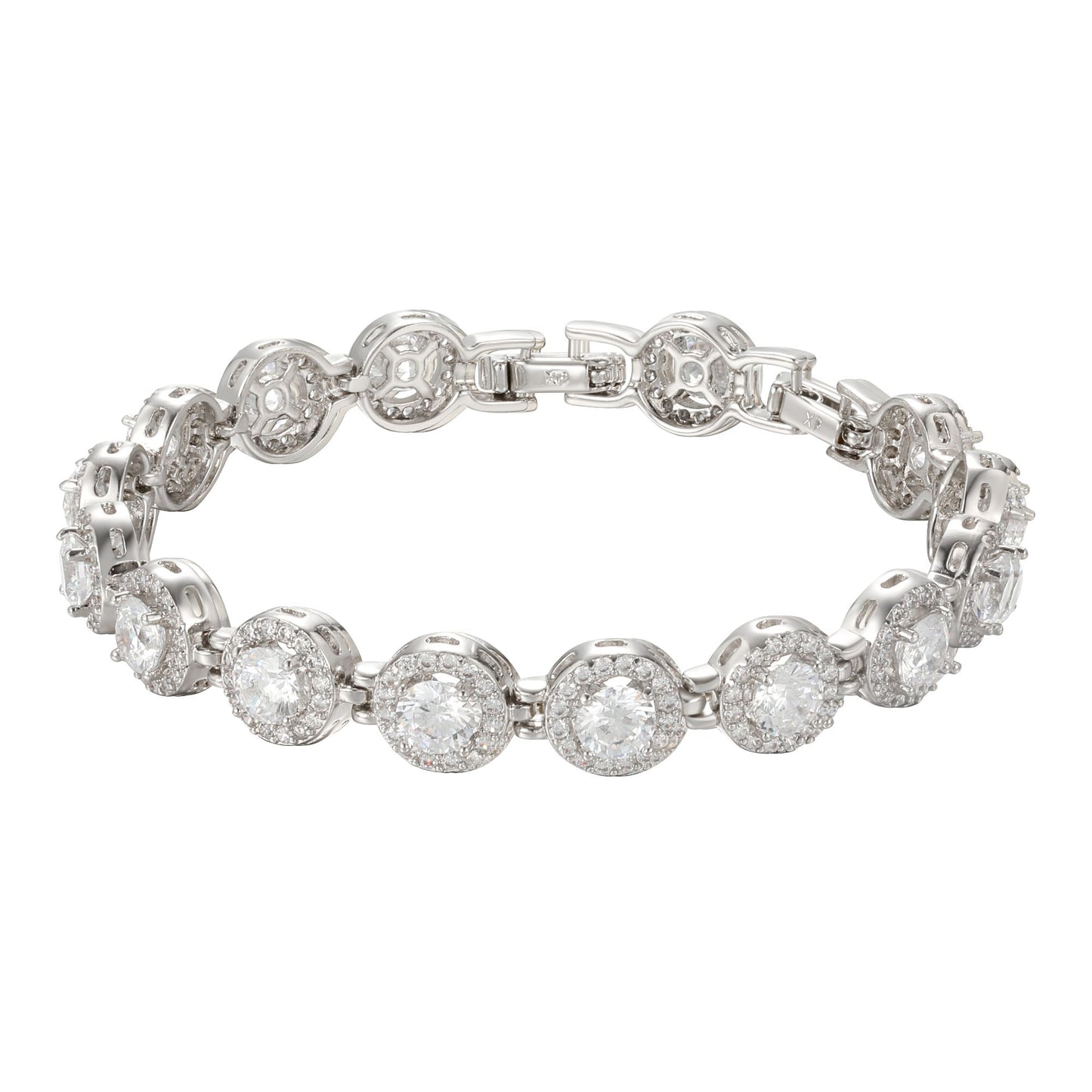 Silver bracelet with round diamond clusters.