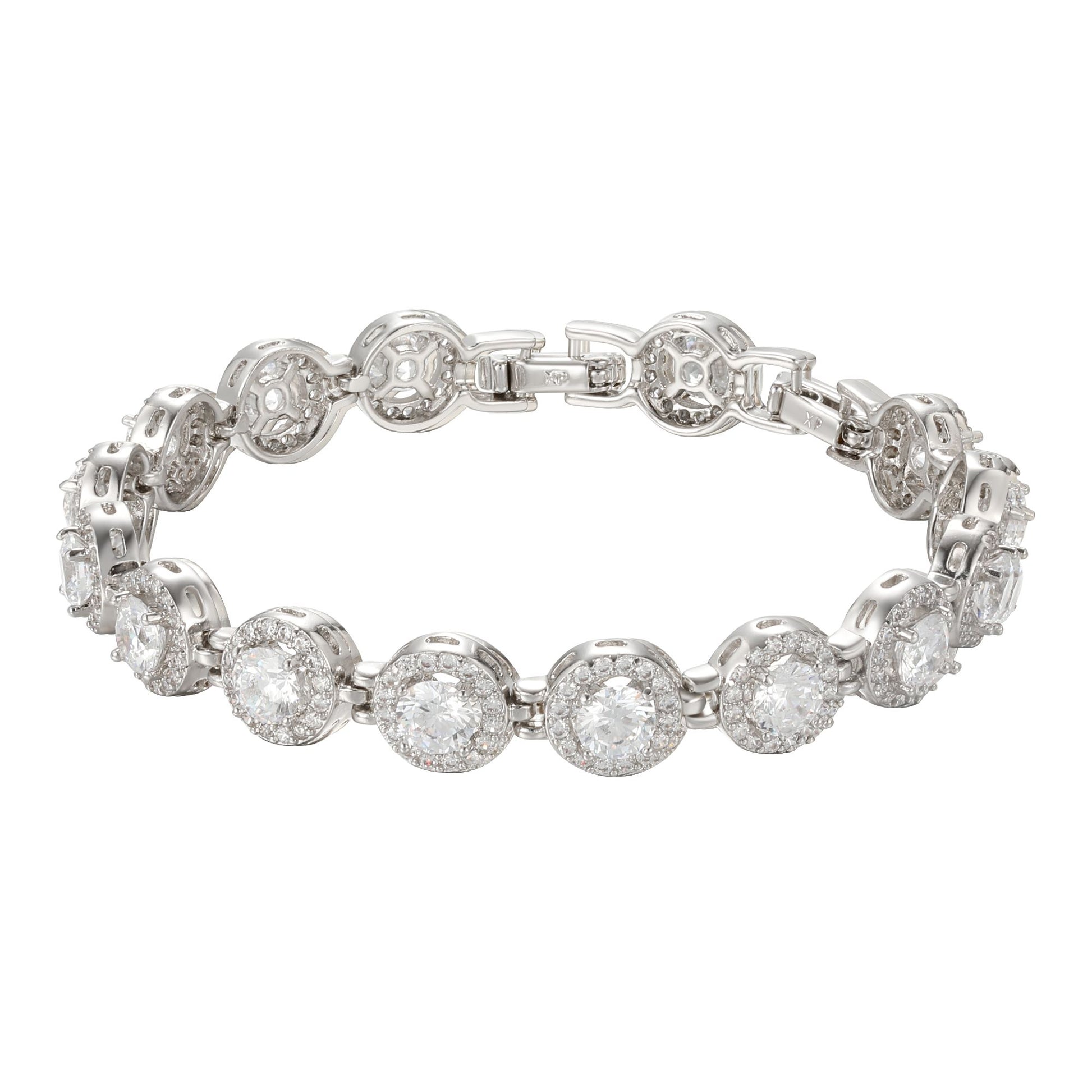 Silver bracelet with round diamond clusters.