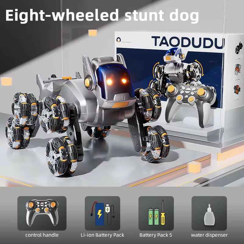 Intelligent Remote Control Robot Dog with Eight Wheels and Tail Spray Stunt Features - Four Skill Functions for Children Grey