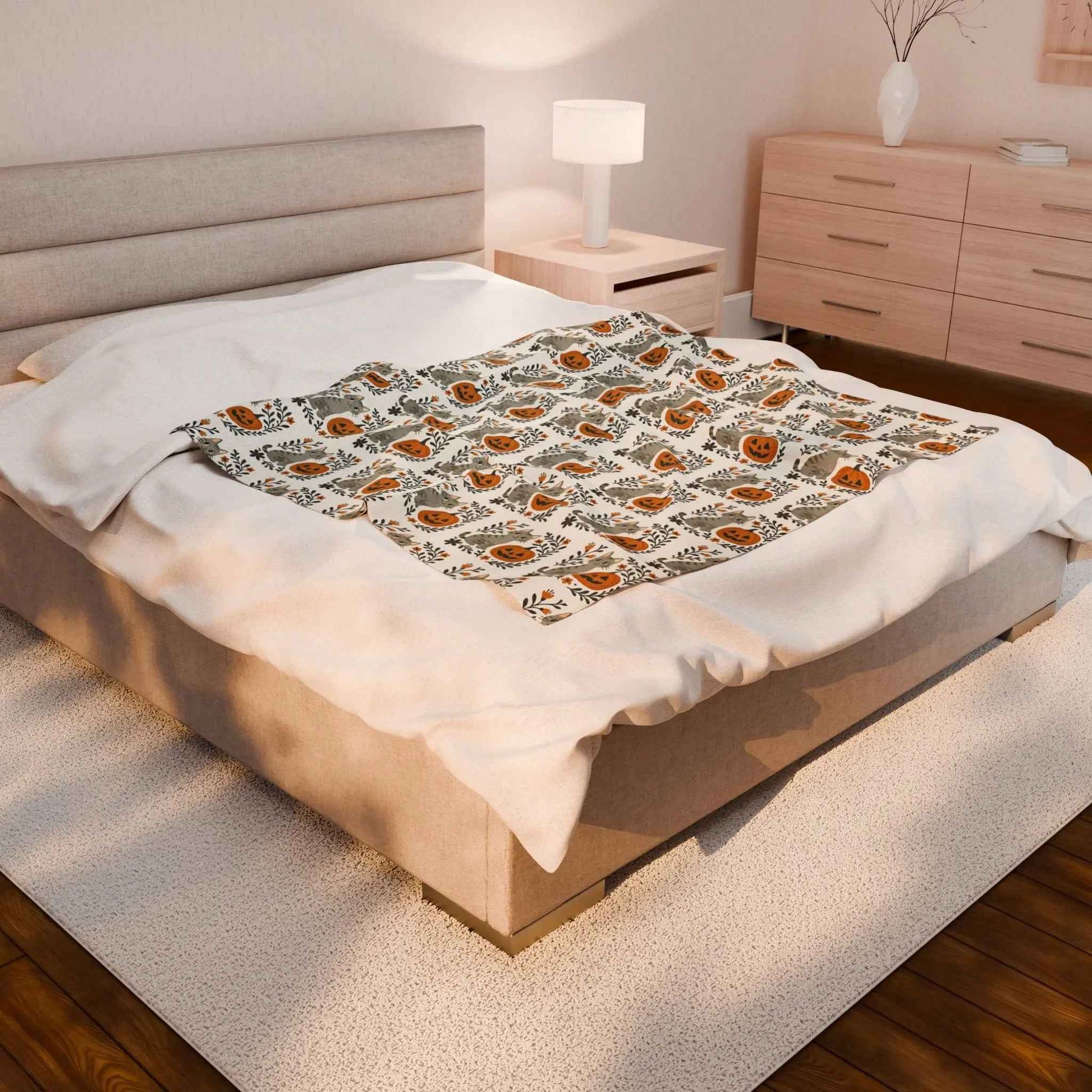 Velveteen Plush Halloween Cat and Pumpkin Blanket