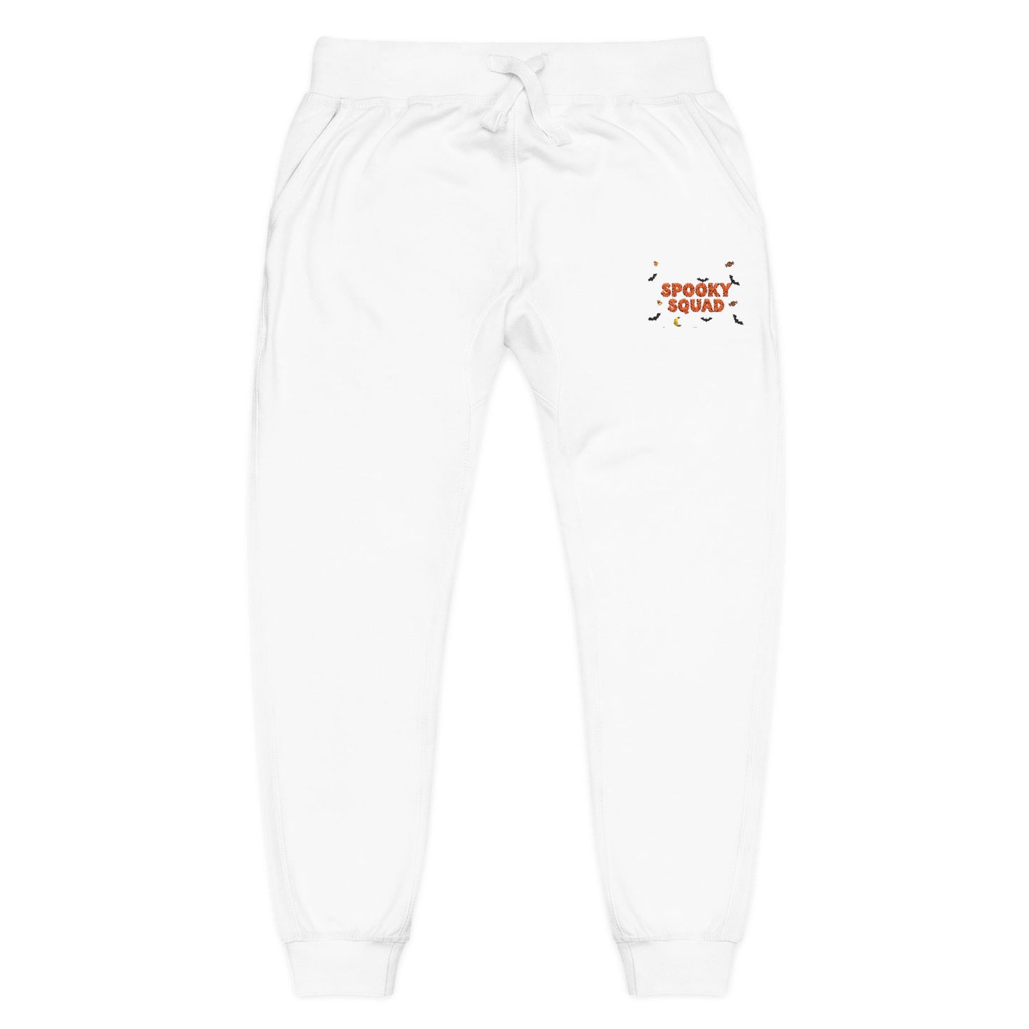 Embroidered Unisex Fleece Sweatpants with Spooky Squad Halloween Design White
