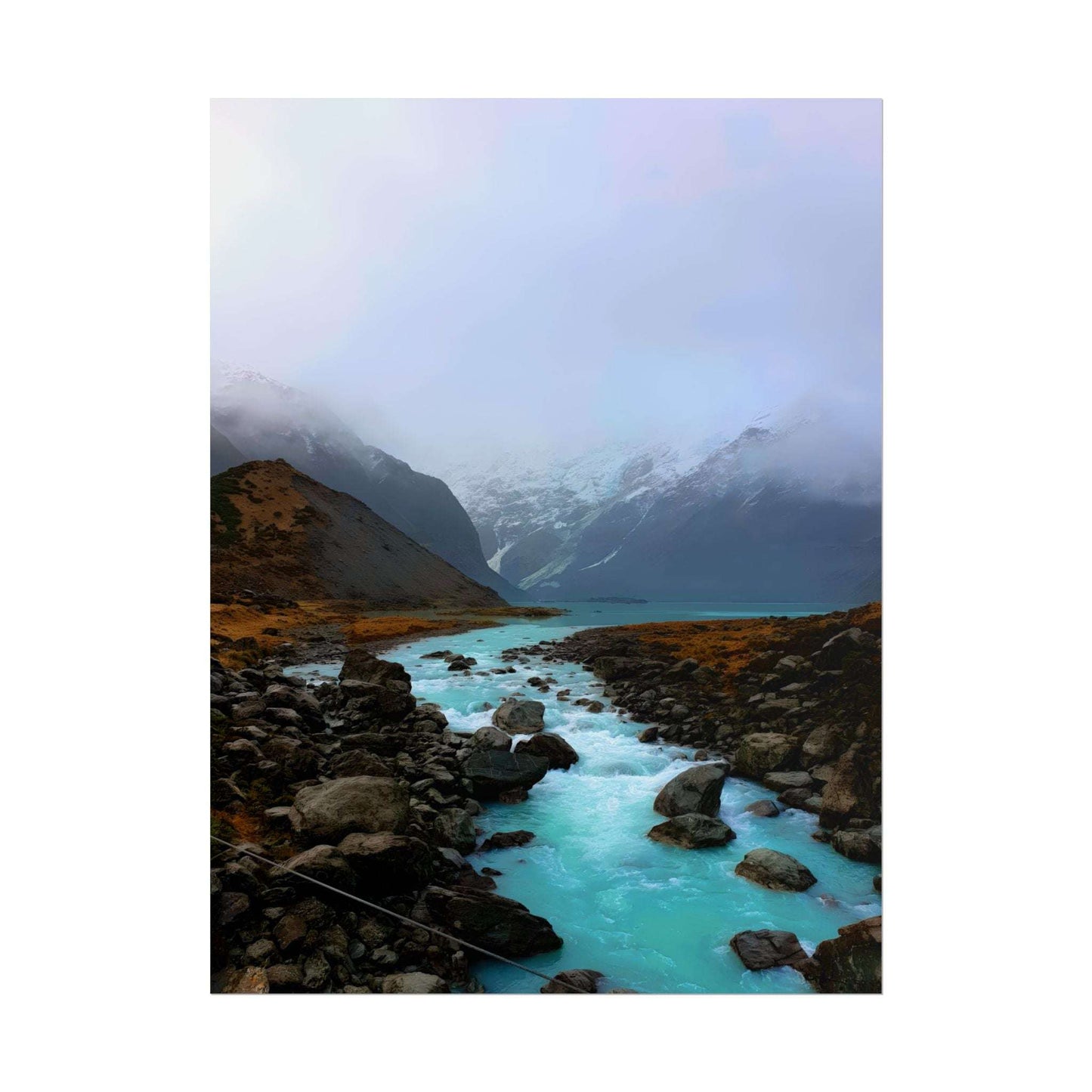 Mount Cook Glacial River Wall Art, NZ Hooker Valley Scenic Print 18″ x 24″ (Vertical) Matte
