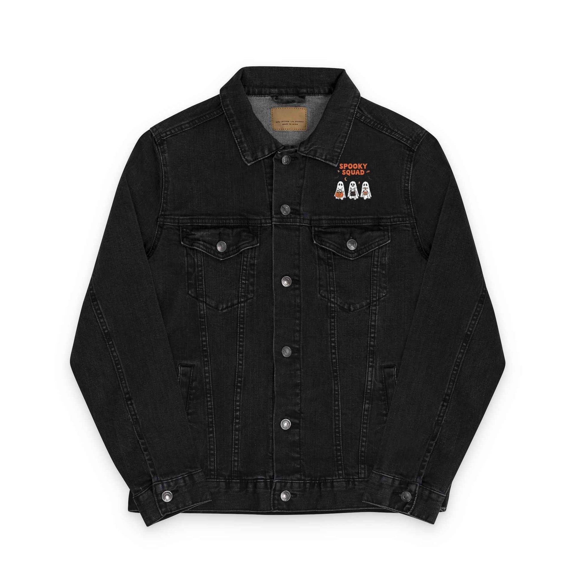 Denim Jacket for Halloween with Spooky Squad Ghost Embroidery Black Denim