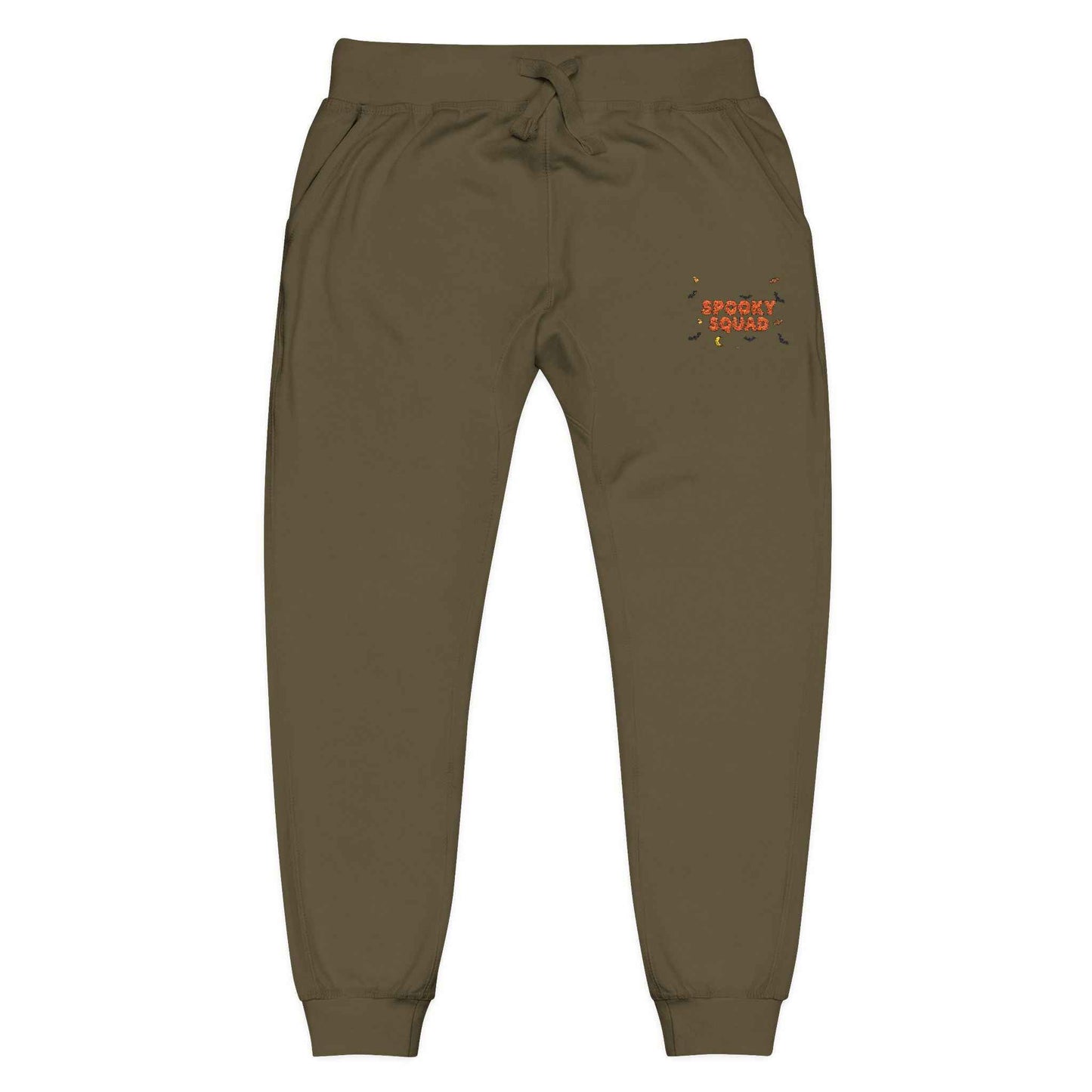 Embroidered Unisex Fleece Sweatpants with Spooky Squad Halloween Design Military Green