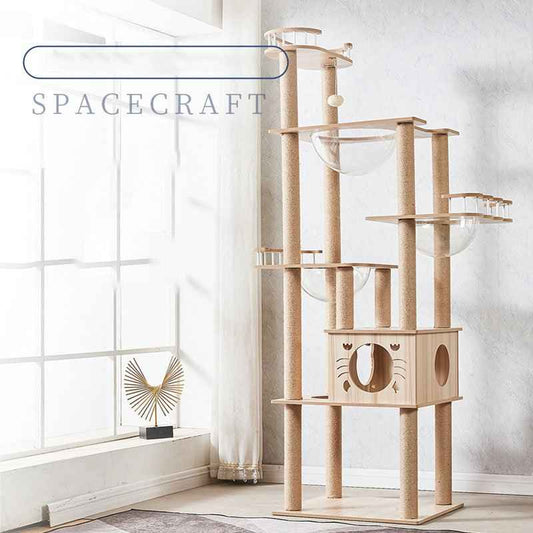 185cm Modern Multi-Level Large Real Solid Wood Cat Tree, Luxury Wooden Cat Tower Beige
