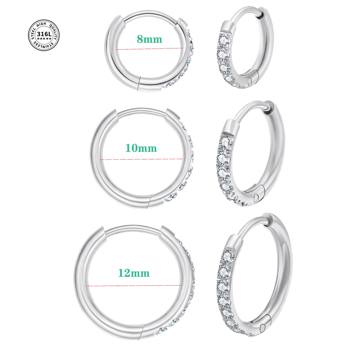 Stainless Steel Diamond-Set Round Coil Earrings