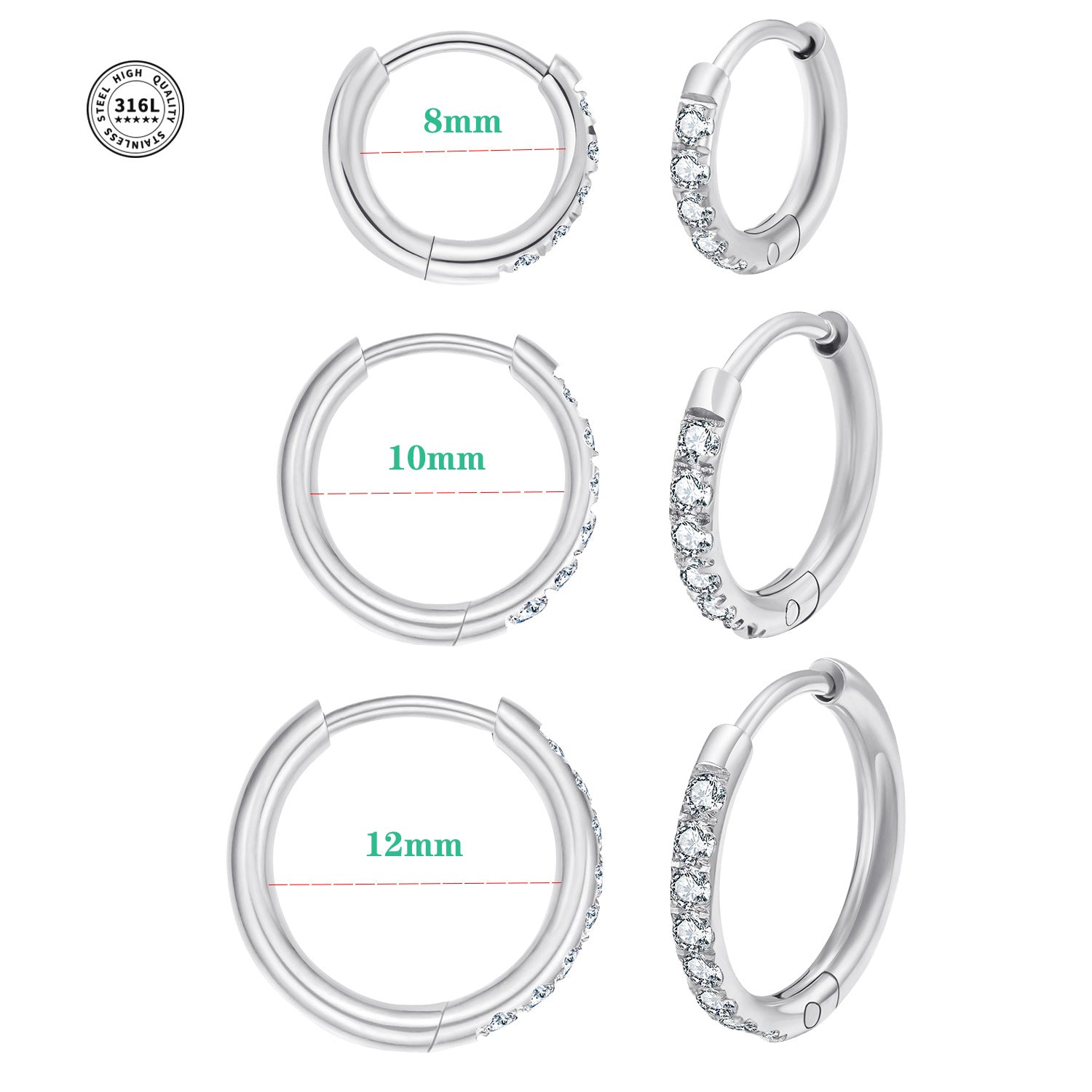 Stainless Steel Diamond-Set Round Coil Earrings