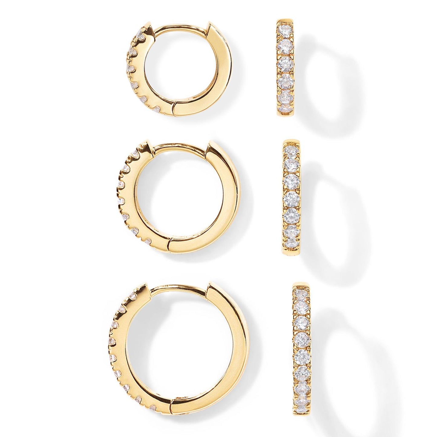 Copper-Plated Genuine Gold Round Zirconia Earrings 14k gold set 3 pairs