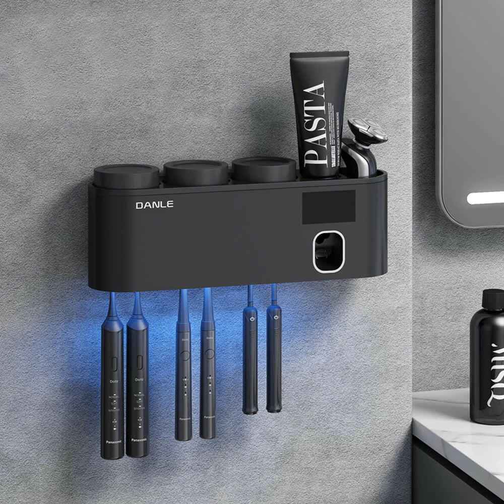 UV Toothbrush Sanitizer Holder with Rechargeable Wireless Design and Wall-Mounted Hands-Free Toothpaste Dispenser Black Ultraviolet light
