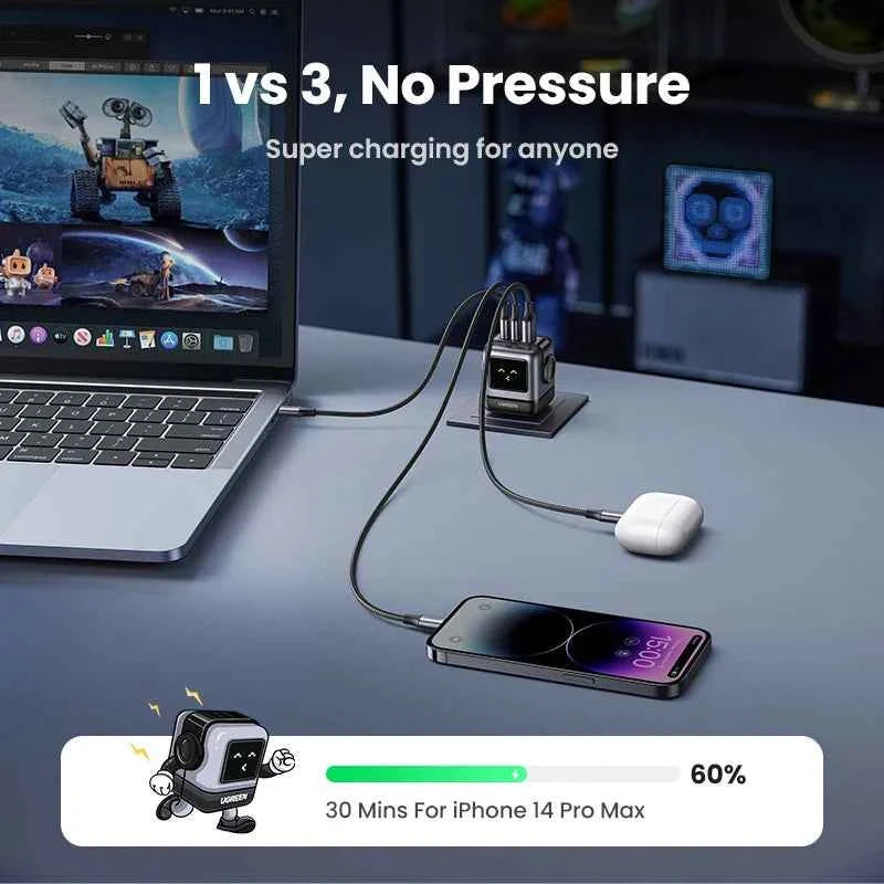 Ugreen Charger - Sleek Robot Design with Dual USB-C Ports for PD 3.0 Fast Charging, Compatible with iPhone 16/15/14 Pro, MacBooks, Laptops, and Tablets