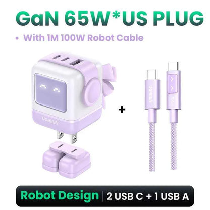 Ugreen Charger - Sleek Robot Design with Dual USB-C Ports for PD 3.0 Fast Charging, Compatible with iPhone 16/15/14 Pro, MacBooks, Laptops, and Tablets 65W with Cable Purple (US Plug)