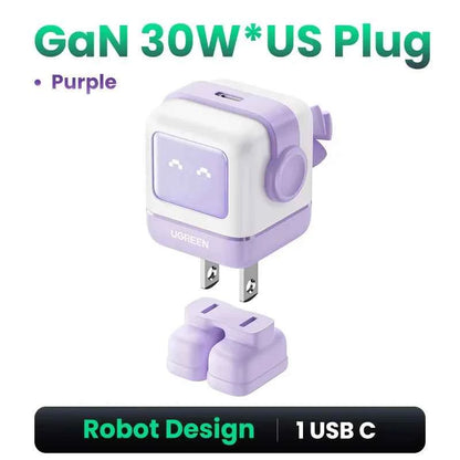 Ugreen Charger - Sleek Robot Design with Dual USB-C Ports for PD 3.0 Fast Charging, Compatible with iPhone 16/15/14 Pro, MacBooks, Laptops, and Tablets 30W Purple (US Plug)