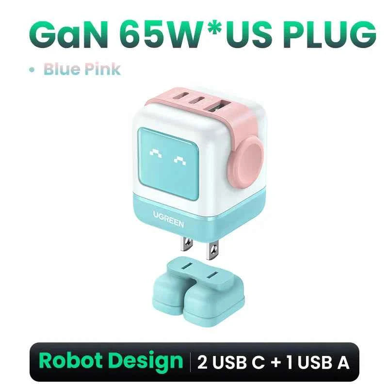 Ugreen Charger - Sleek Robot Design with Dual USB-C Ports for PD 3.0 Fast Charging, Compatible with iPhone 16/15/14 Pro, MacBooks, Laptops, and Tablets 65W Blue Pink (US Plug)