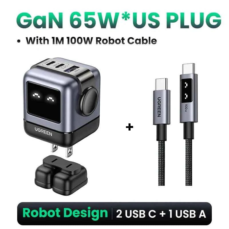 Ugreen Charger - Sleek Robot Design with Dual USB-C Ports for PD 3.0 Fast Charging, Compatible with iPhone 16/15/14 Pro, MacBooks, Laptops, and Tablets 65W with Cable Black (US Plug)