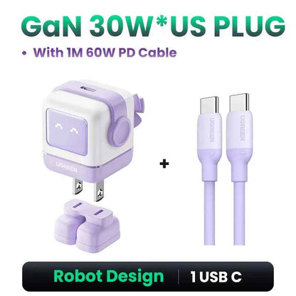 Ugreen Charger - Sleek Robot Design with Dual USB-C Ports for PD 3.0 Fast Charging, Compatible with iPhone 16/15/14 Pro, MacBooks, Laptops, and Tablets 30W with Cable Purple (US Plug)