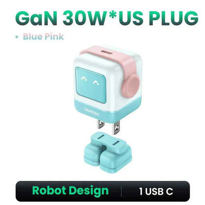 Ugreen Charger - Sleek Robot Design with Dual USB-C Ports for PD 3.0 Fast Charging, Compatible with iPhone 16/15/14 Pro, MacBooks, Laptops, and Tablets 30W Blue Pink (US Plug)