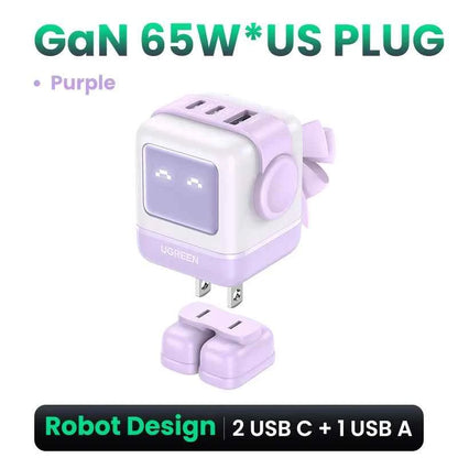 Ugreen Charger - Sleek Robot Design with Dual USB-C Ports for PD 3.0 Fast Charging, Compatible with iPhone 16/15/14 Pro, MacBooks, Laptops, and Tablets 65W Purple (US Plug)