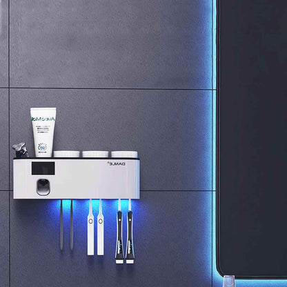 UV Toothbrush Sanitizer Holder with Rechargeable Wireless Design and Wall-Mounted Hands-Free Toothpaste Dispenser White + Black Ultraviolet light
